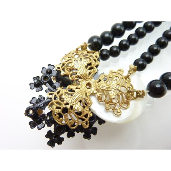 Vintage Beaded Double Strand Choker Necklace Adjustable Faux Diamond Shell - Picture 6 of 7